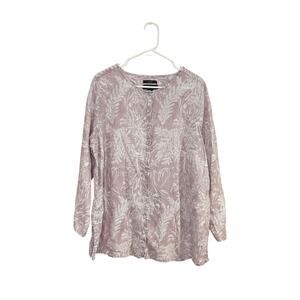 Tahari 100% Linen Botanical Leaf Print Button Down Roll Sleeve Lavender Shirt 1X